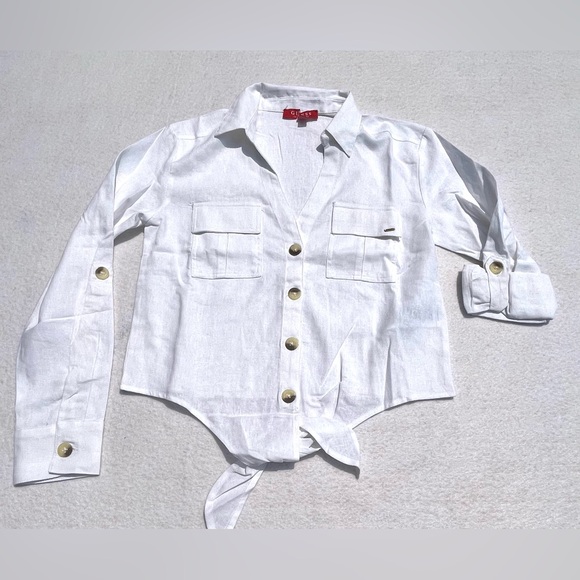 Guess Tops - Guess White Linen Harper Tie Front Top Shirt Peasant Size Small Y2K NEW